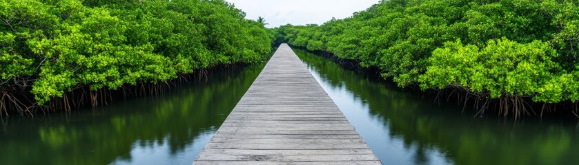 Obraz premium Concrete barriers replacing mangroves, flood control vs ecology, coastal exploitation