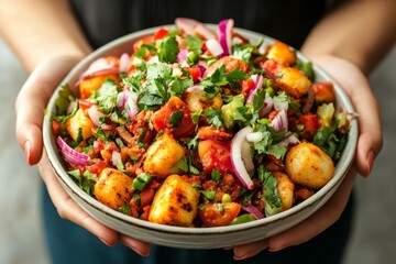 Close-up of hands holding bowl filled with colorful Chaat, featuring tomato, cucumber, onion, cilantro. Concept of warm, inviting Chaat, showcasing Indian savory snack delicacy.