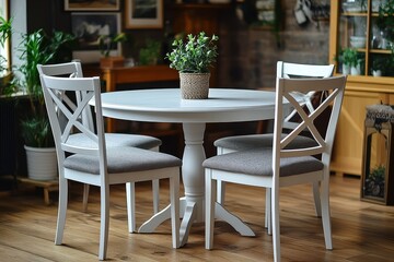 Fototapeta premium White dining table with four elegant chairs featuring silver cross-shaped backrests, cushioned light gray seats, glass wine cooler, and modern home decor.