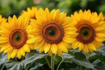 Obraz premium Three bright sunflowers shine, their yellow petals surrounding dark centers, green leaves below