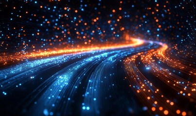 Obraz premium Optical data concept depicted by abstract glowing lines on a dark background. The high speed, vast capacity data transmission enabled by optical fiber