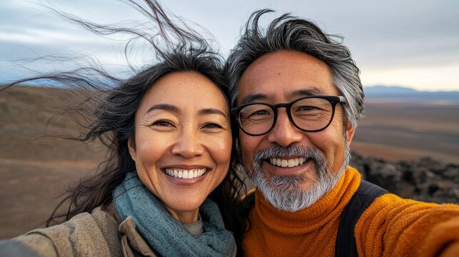 A joyful couple taking a selfie against a desert backdrop.