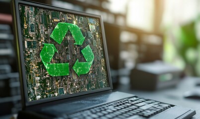 An electronic waste concept featuring a desktop computer adorned with a bright green recycle symbol, symbolizing the importance of recycling and proper disposal of electronic