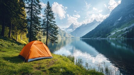 A small orange tent is set up next to a lake