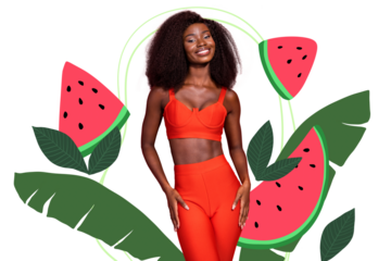 Composite photo collage of happy pretty american girl pose wear sexy costume watermelon slice fruit food isolated on painted background