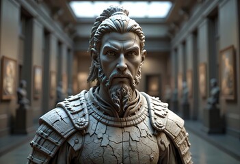 Detailed Clay Sculpture of a Warrior in an Art Gallery Setting A Powerful Artistic Portrait