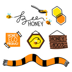 set of honey and bees. Pictures, names on the board, scarf, honeycomb. Color illustration with black lines. Theme of the items is honey hexagon. Insect objects related to bee and honey theme. isolated