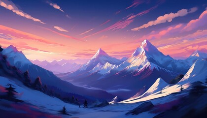 AnimeStyle Snowy Mountains Glowing Under a Blushing Twilight, Majestic Peaks Bathed in Soft Pastels and Glittering Frost, Breathtaking Winter Scene Perfect for Digital Art, Home Decor, or Design