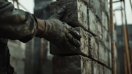 Bricklayer building a wall on a construction site. Featuring craftsmanship and precision