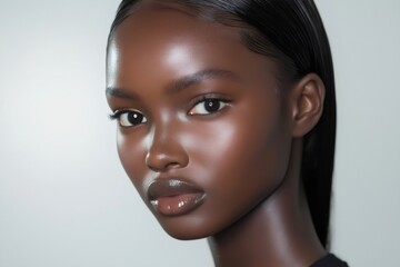 Studio portrait of young woman with glossy hair and perfect skin, promoting hair and skin serum treatment
