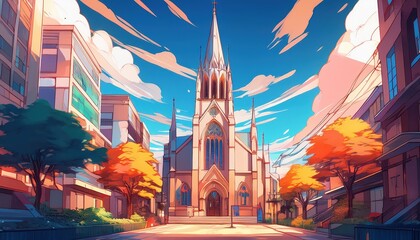 Obraz premium Vibrant Animestyle Urban Church Amidst a Bustling Japanese Cityscape, Brimming with Energy and Culture at Dusk.