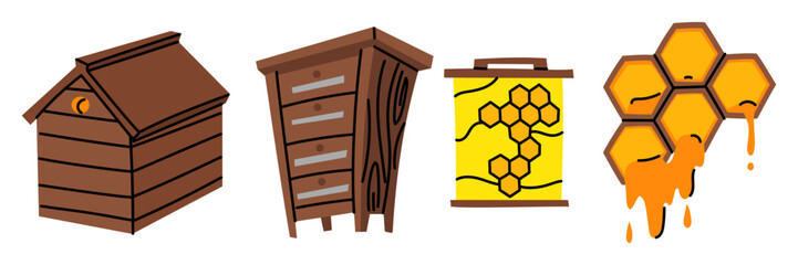 Wooden beehive set. house with a roof, honeycombs with honey, board with honey on white. Home-made honey production. One wooden house for bees. Insects are flying near the house. drawer with shelves