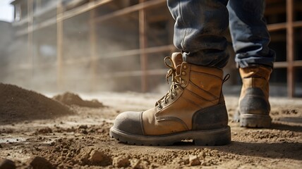 Close-up of a worker's Dusty boots, construction site blurred in the background. Dusty boots, rugged textures, strong light and shadow contrasts, occupational safety theme,Generative Ai
