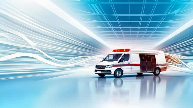 An ambulance in the center of a white background with a light blue gradient, signifying urgent care, medical emergency, and healthcare urgency