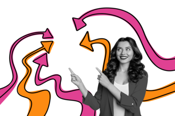 Composite photo collage of happy pretty girl point gesture index finger arrow statistics achievement isolated on painted background