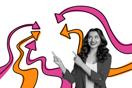 Composite photo collage of happy pretty girl point gesture index finger arrow statistics achievement isolated on painted background