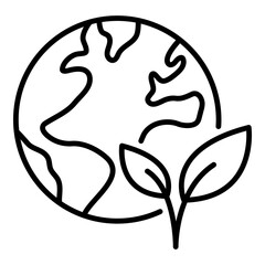 Global environmental awareness line vector icon, featuring a globe with leaves. Represents eco-consciousness, global responsibility, Earth care, conservation, and environmental education.