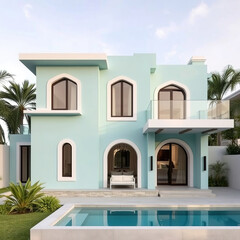 Modern luxury villa exterior in minimal scandinavian style turquoise color