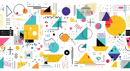 Geometric Abstract Pattern:  Vibrant, abstract, and full of personality, this geometric pattern bursts with a playful mix of geometric shapes,  Bold colors, and dynamic lines, creating a modern.