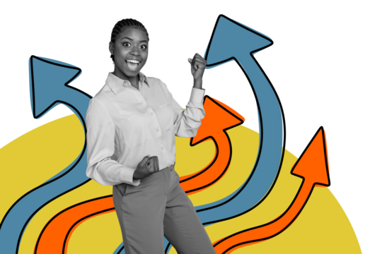 Composite photo collage of happy pretty american girl win success arrow up progress statistics achievement isolated on painted background