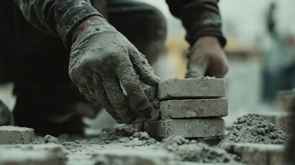 Bricklayer laying bricks for a wall on a building site. Featuring precision and craftsmanship