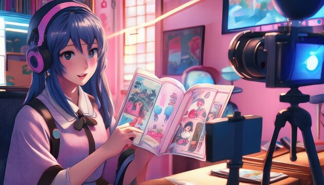 Anitubers Vibrant Review of Japanese Manga in Anime Merchandise Room, a Colorful and Exciting Scene Set Against Retro Pop Culture Backdrop.