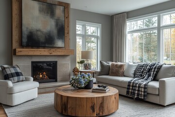 Elegant living room with abstract paintings, grey sofa, round coffee table, white armchair with black and blue plaid throw blanket, wood side tables, floral arrangements, and modern fireplace.