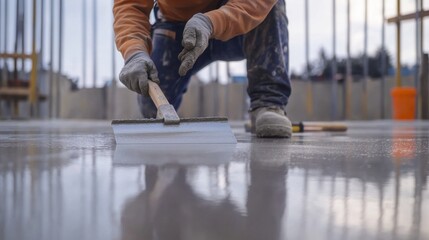Construction worker smoothing concrete floor. Featuring concrete work and floor finishing