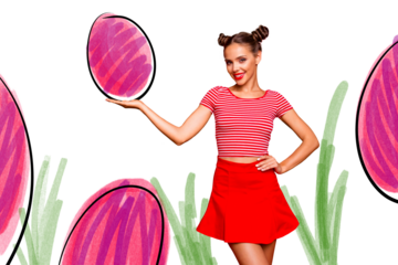 Composite photo collage of happy pretty girl wear sexy skirt easter hold game hunt egg tradition spring isolated on painted background