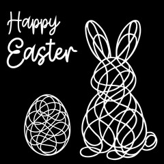 Chaotic scribbled line art of Easter bunny and egg with "Happy Easter" text. Minimal, modern, festive design. Easter, bunny, egg, line art, chaotic, scribble, vector, holiday, white, black,holidays