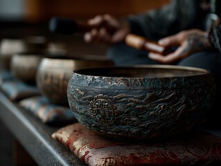 Zen Harmony: A person's hands gently interacting with the singing bowl. capturing the pure bliss of the moment. The image shows the details of musical instruments that bring calm and peace.