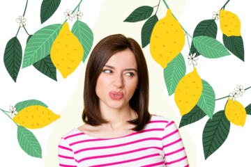 Composite photo collage of upset depressed girl lemon tree branch leaves tropical fruit sour vitamin detox isolated on painted background