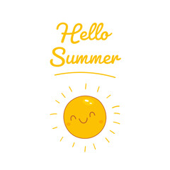 Hello summer quote with smiling yellow cartoon sun