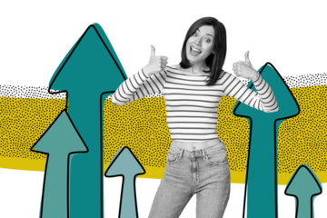 Composite photo collage of happy pretty girl like gesture thumb up finger arrow statistics achievement isolated on painted background
