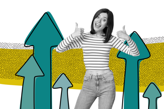 Composite photo collage of happy pretty girl like gesture thumb up finger arrow statistics achievement isolated on painted background