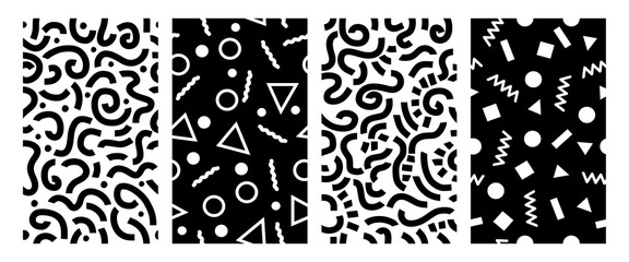 Set of trendy Memphis geometric patterns. Modern basic shapes arrow, triangle, circle, zigzag, spiral, wavy lines. Cool abstract background, retrostyle. Cute kid doodle design
