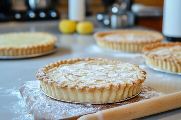 Freshly baked fruit pies on a kitchen counter.