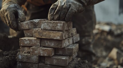 Bricklayer stacking bricks for a new house foundation. Featuring skill and craftsmanship