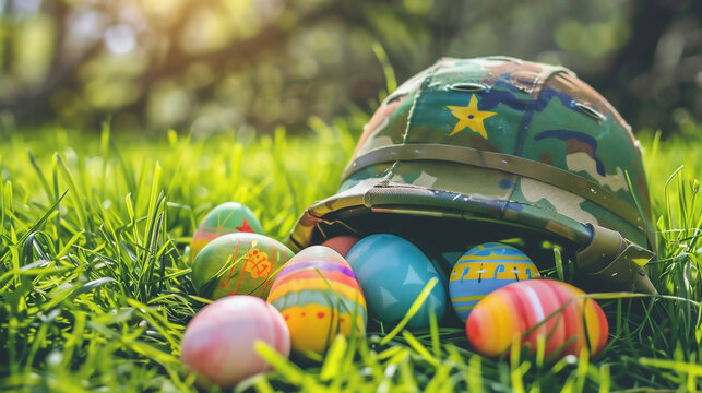 Painted eggs and Easter eggs lie in a military helmet