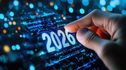Finger Pressing 2026 Display on Futuristic Digital Background