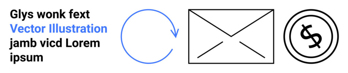 Circular arrow icon for updates, envelope for communication, dollar sign for financial exchange. Ideal for email marketing, communication concepts, updates, transactions, money, business abstract