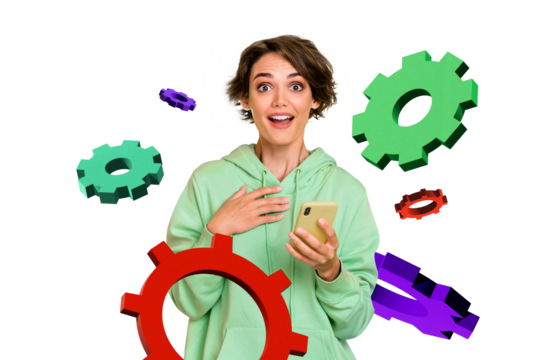 Composite photo collage of happy astonished girl hold new iphone optimization gears settings technology isolated on painted background