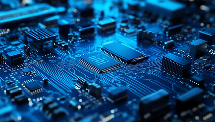 Close-up view of a complex blue computer circuit board with chips