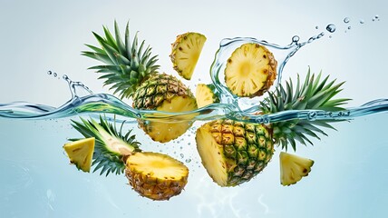Fresh Pineapples Splashing in Water on White Background

