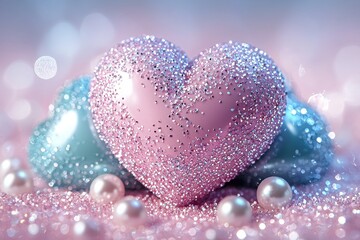 Obraz premium Pink and teal glitter hearts with pearls on shimmering surface