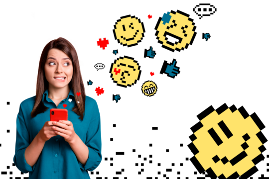 Composite photo collage of stressed confused girl hold iphone emotions reaction like fans love subscribe isolated on painted background