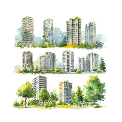 The image showcases a watercolor rendering of modern buildings surrounded by greenery, featuring high-rises with balconies and lush trees, creating an eco-friendly urban landscape