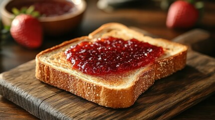Toasted Bread with Strawberry Jam on Wooden Board