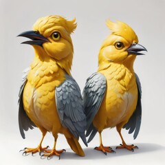 Fototapeta premium Two Vibrant Yellow Birds with Grey Wings Posing Together in Studio Shot