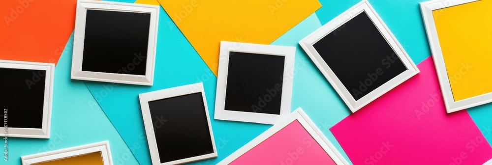 Aufkleber Creative flat lay of white Polaroid frames on vibrant colored background with ample central space for custom content